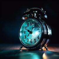 Vintage round dial clock on table in dark theme photo