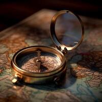 Retro compass on an ancient world map in dark theme photo