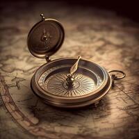 AI Generative Old vintage retro compass on ancient map photo