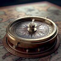 Vintage Bronze retro compass on ancient map in dark close up photo