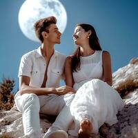 AI Generative Beautiful couple enjoying love outdoors with moonlight photo
