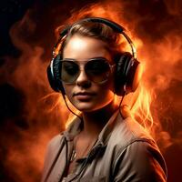 AI Generative stylish girl standing isolated over orange glowing background, listening to music with headphones photo