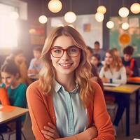 Portrait of confident young pretty female teacher in class photo