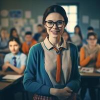 Portrait of young pretty teacher posing at the camera in classroom photo