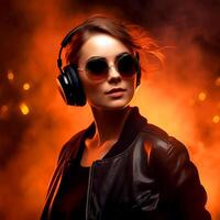 stylish pretty woman wearing leather jacket standing isolated over yellow glowing background, listening to music with headphones photo