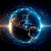 Abstract illuminated futuristic technology globe with connection lines on a dark theme photo