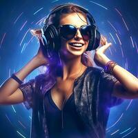 AI Generative A young dancing girl wearing black headphones and sunglasses photo