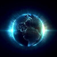 Illuminated global technological earth concept with network in dark theme photo