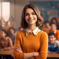 Pretty teacher standing confidently in front of the primary school classroom and smiling photo