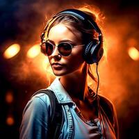 ai generativo un joven hermosa niña vistiendo moderno auriculares escuchando a música terminado naranja brillante antecedentes foto