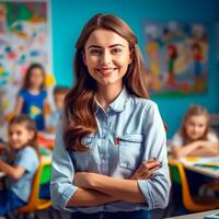 ai generativo hermosa profesor en pie con confianza en frente de el primario colegio salón de clases y sonriente foto