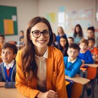 AI Generative happy smiling young female teacher in glasses over the classroom photo