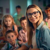 A beautiful teacher sitting with her students in the elementary school classroom and smiling at the camera photo