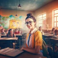 ai generativo retrato de joven bonito hembra profesor en salón de clases foto