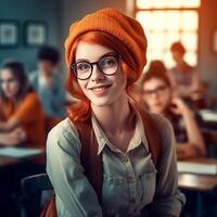 A beautiful teacher wearing glasses and smiling looking at camera in elementary school classroom photo