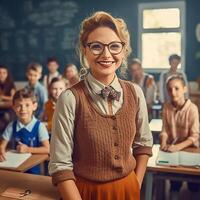Portrait of smiling teacher in classroom photo