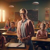 Mature teacher standing confidently in front of the primary school classroom and smiling photo