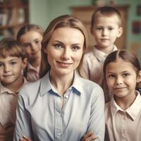 Primary school teacher smiling at the camera with her students photo