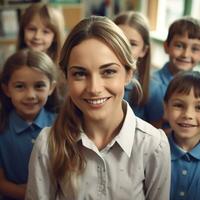 AI Generative beautiful teacher smiling at camera with her smiling students photo