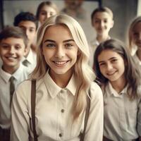 AI Generative Young primary school teacher smiling at the camera with her students photo