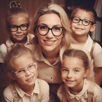 A Happy female teacher with her students photo