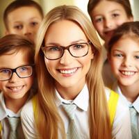 AI Generative A happy teacher with her smiling students photo