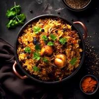 AI Generative Delicious chicken biryani in black dish on black table photo