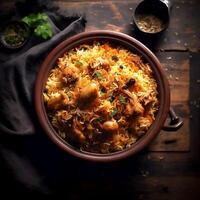 ai generativo delicioso pollo Biryani en un negro plato en un de madera bandeja fotografía foto