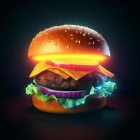 A glowing burger on a wooden table in dark background photo