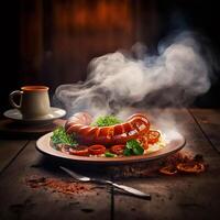 AI Generative Hot Sausages in a plate on a wooden table close up photo