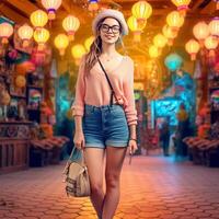 AI Generative A beautiful tourist girl poses for the camera under the backdrop of sky lanterns photo