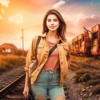 ai generativo un hermosa turista niña en el ferrocarril foto