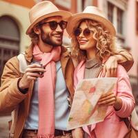 AI Generative Loving stylish couple in hats happily pose for the camera while traveling photo