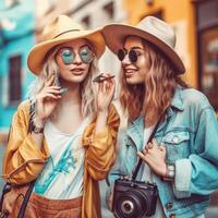 Happy fashionable girls travel together photo