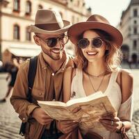 AI Generative A beautiful loving couple traveling together with a map photo