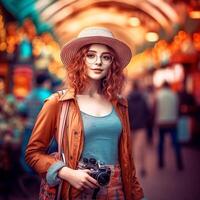 AI Generative A beautiful tourist girl with a hat and glasses poses for the camera photo