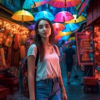 Beautiful girl posing for the camera under umbrella decorations photo