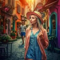 A stylish beautiful tourist girl in a beautiful dress and hat poses for the camera under the background of the street photo