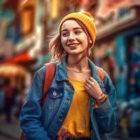 ai generativo un hermosa viaje niña poses para el cámara vistiendo un amarillo hielo sombrero foto