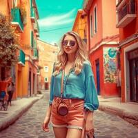 AI Generative A pretty girl in blue shirt and sunglass posing for the camera in street environment photo