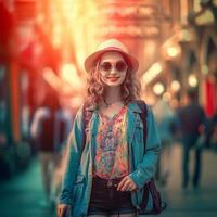 ai generativo un bonito niña en sombrero y gafas de sol posando para el cámara en ciudad ambiente foto