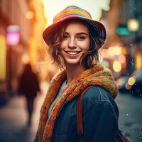 Stylish smiling pretty tourist girl wearing a hat and poses for camera under street background photo
