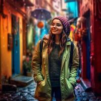 Stylish tourist girl with an ice cap walking in street environment and posing for camera photo