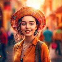 ai generativo un bonito sonriente niña en un hermosa vestir y sombrero poses para el cámara debajo el calle antecedentes foto