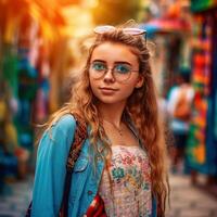 AI Generative Stylish young tourist girl with glasses on colorful background photo