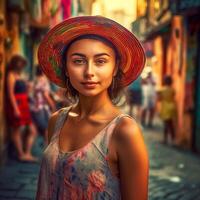 A girl with a beautiful face in a beautiful dress posing for the camera in the evening city photo
