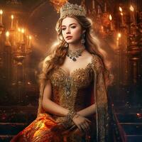 AI Generative A beautiful girl dressed as a royal queen of Europe in royal background photo