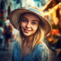 ai generativo un niña con un hermosa cara en un hermosa sombrero posando para el cámara en el noche ciudad foto