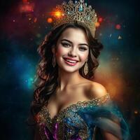 A beautiful girl in an abstract blue dress as a proud royal princess in abstract background photo