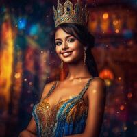 A beautiful smiling girl in an abstract dress as a proud royal princess photo